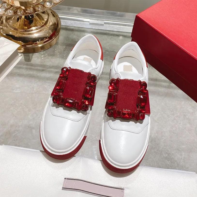 Paris Designer Rogs Viviers Shoes Square rhinestone buckle leather loafers women girls luxurys fashion platform sneaker crystal White Casual shoes