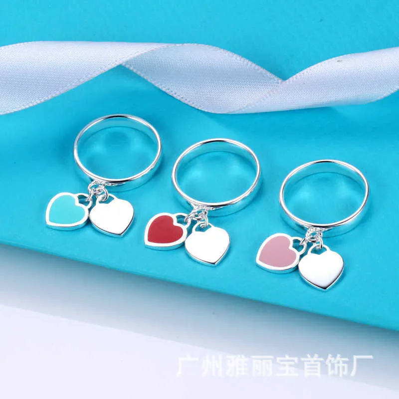 Brand charm New enamel heart-shaped ring TFF CNC word printed peach heart Double Heart Pendant female jewelry