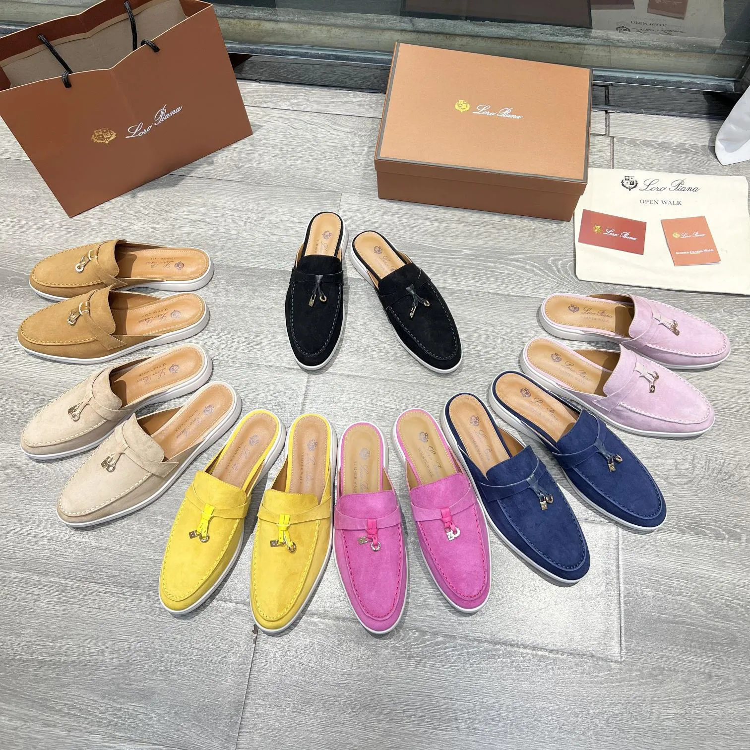 Loro Mule Piana Womens Babouche Charms Walk Suede Slippers Flat