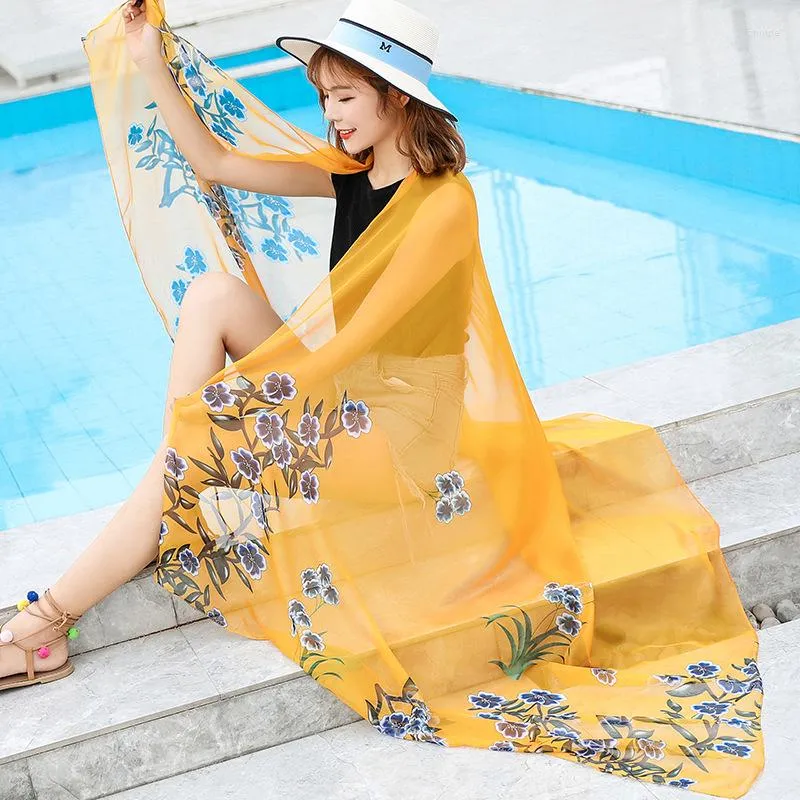 Szaliki moda kwiatowy nadruk bikini szal kobiety szyfonowa siatka osłony letnie wakacje echarpes mujer bufanda duża rozmiar zużycie plażowe