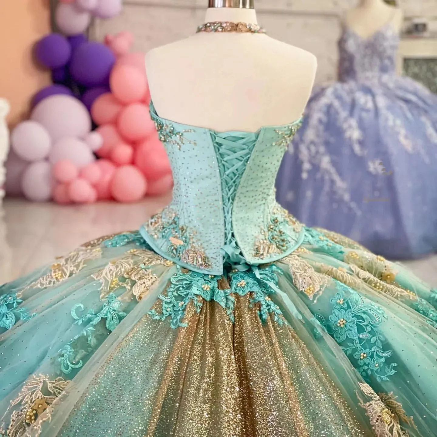 Turquoise and gold quinceanera dresses deals