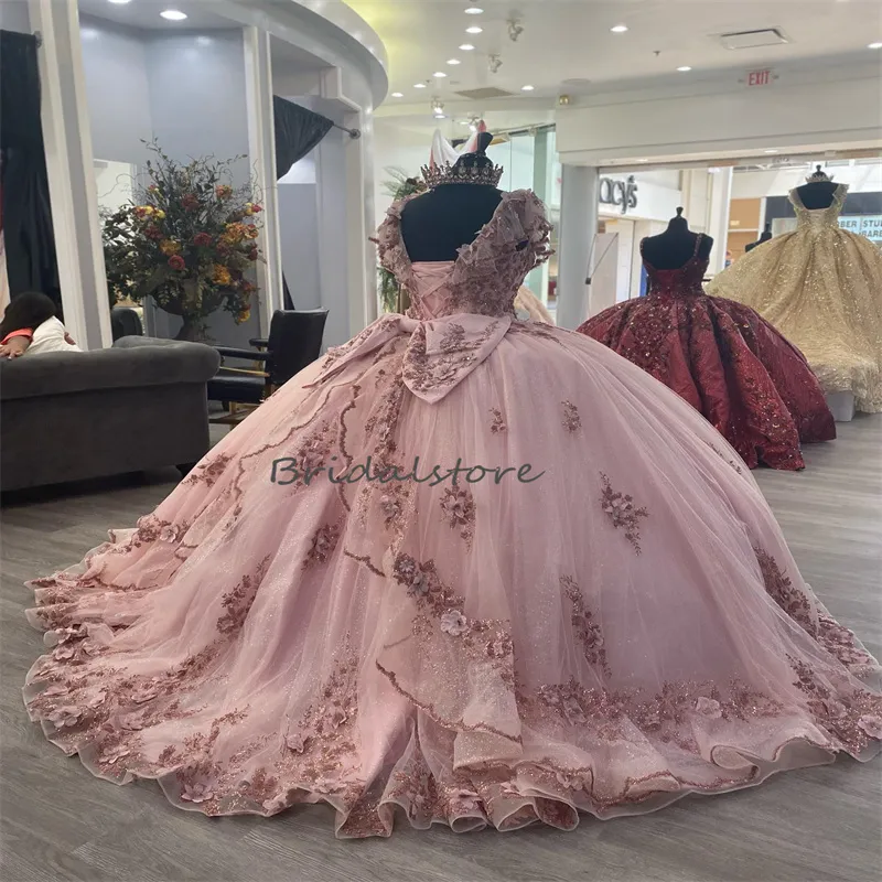 Glitter Rose Pink Quinceanera Dress 2023 Mexican Lace Florals Sweet 15 Dress With Big Bow Sequin Prom Vestidos De Para Xv Birthday Party Debutante