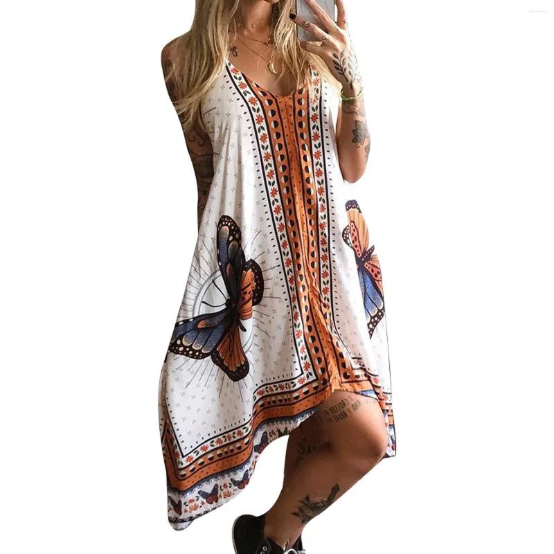 Abiti casual Abito con orlo irregolare da donna Modello stampato a farfalla bianca Senza maniche con scollo a V Vestito estivo allentato Vacanza al mare