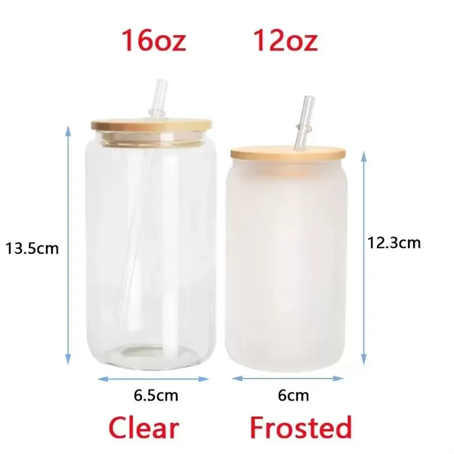 USA CA STOCK 16oz Sublimation Glass Blanks With Bamboo Lid Frosted Beer Can Borosilicate Tumbler Mason Jar Cups Mug With Plastic Straw /ctn