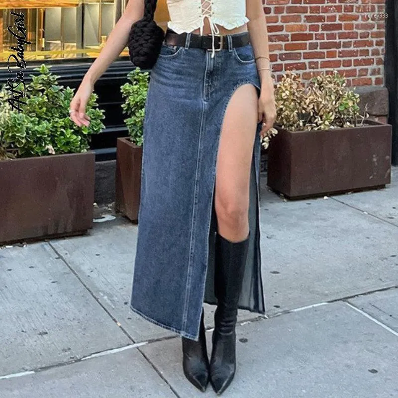 Jupes Denim Maxi jupe femmes fente latérale Streetwear Y2k mode couleur unie taille haute fendue longue été vêtements pour femmes