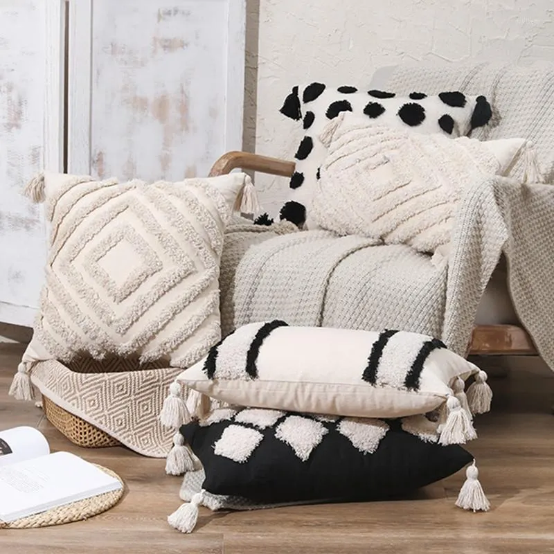 Oreiller noir blanc broderie couverture avec glands géométrique décor à la maison canapé taie d'oreiller Sham 45x45cm/30x50cm