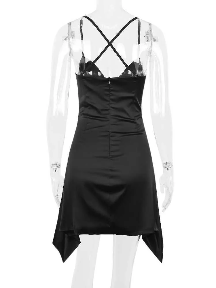 black satin draped mini dress Tika Cabaret Dress Simple One Color Halter Neck Ribbon Tight Mini Dres main image 0