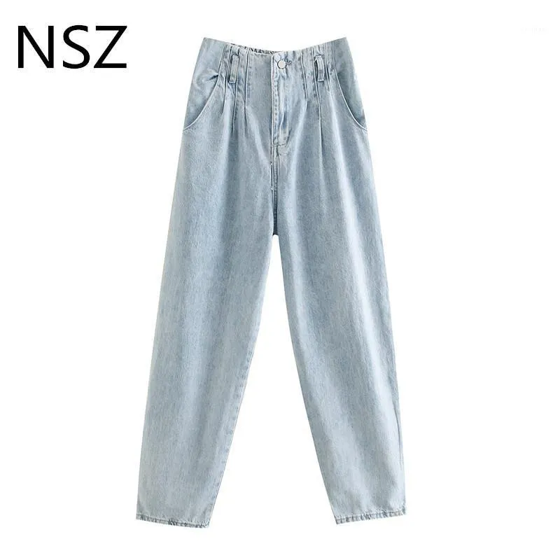 Women's Jeans NSZ Women Moms High Elastic Waist Paper Bag Pants Loose Wide Leg Boyfriend Denim Baggy Trousers Street Wear