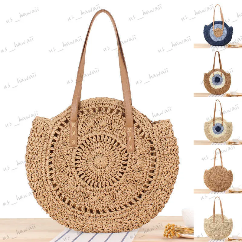 Sacs de soirée grande capacité ronde pour les femmes 2022 été plage voyage vacances sac à bandoulière tissé à la main fermeture éclair tissé sac femme T230526