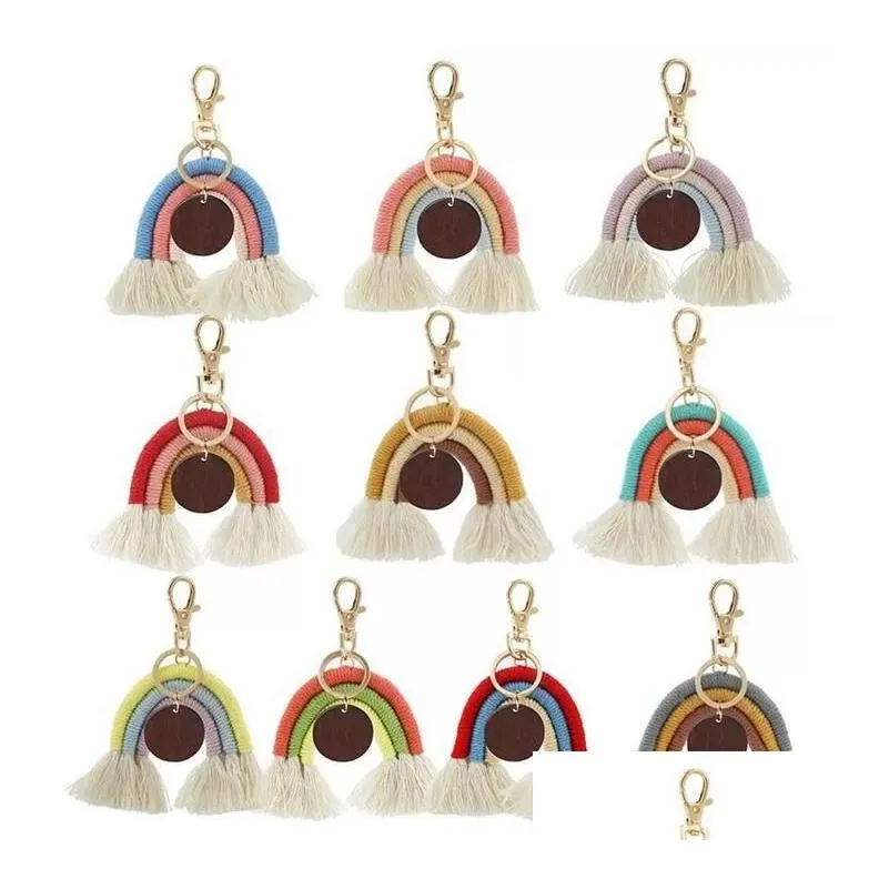 Keychains Lanyards Rainbow Tassel Key Chain Ring med DIY rund trä för kvinnor handgjorda pojkvän gåva flicka söt nyckelchain väska dhefi