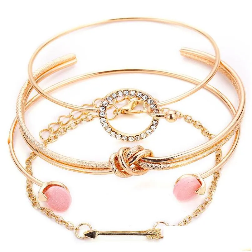 Charm Armband 4 st/ set Classic Arrow Knot Round Crystal Gem Mtilayer Justerbar öppen armband för kvinnor Fashion Party Jewelry Gi Dh6zi