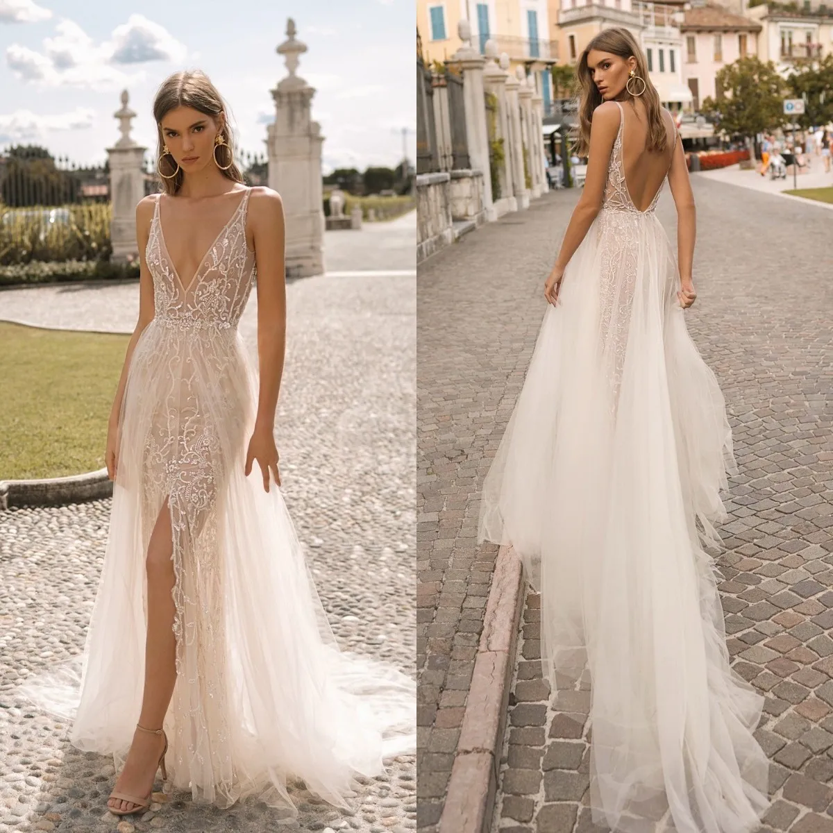 Berta 2023 plage Split robes de mariée col en V dentelle appliqué dos nu Robe de mariée sans manches balayage Train Robe de mariée