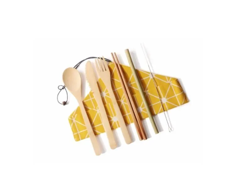 Ensembles de vaisselle de qualité Portable bambou naturel paille cuillère fourchette couteau baguettes brosse de nettoyage ustensile de cuisine ensemble de couverts