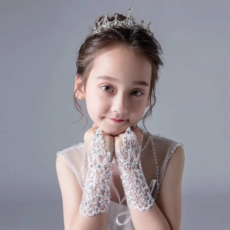 Guanti con paillettes in pizzo per bambini Guanti per ragazze Abito da sposa Flower Girl Bandage Dress Guanti Bare Finger Party Performance Dance Glove