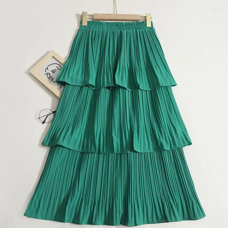 Skirts Tiered Pleated Long Skirt For Women Korean Casual Solid All-match A Line High Waist Mid-length Female White Black