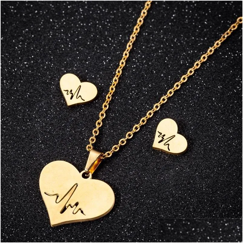 Earrings Necklace Stainless Steel Love Heart Women Gold Heartbeat Stud Jewelry Sets For Girls Wedding Drop Delivery Dhpst