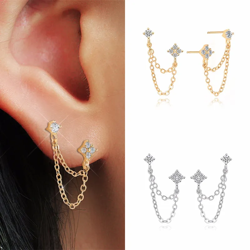 Huitan Neue Ankunft Doppel Ohr Studs Quaste Ketten Hängen Ohrringe für Frauen Ohr Piercing 3 Metall Farbe Luxus CZ Heißer schmuck
