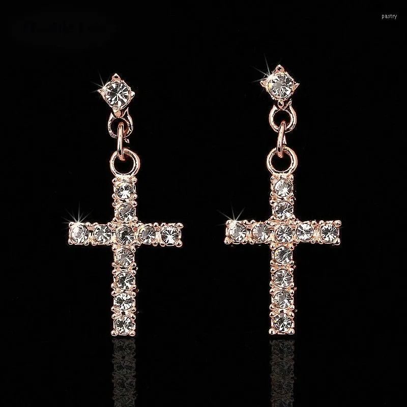 Dangle Earrings Cubic Zirconia Cross Drop/Dangle Rose Gold Color Silver Colour Fashion Jewelry For Women Wholesale Punk Style DWE328