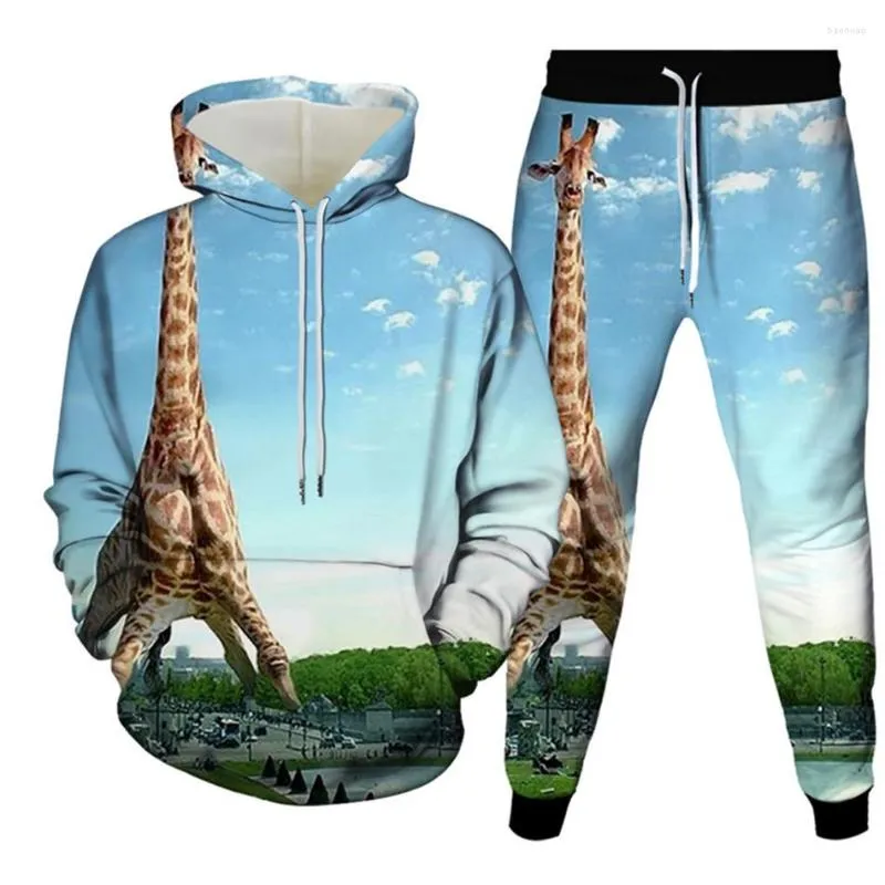 Herrespår Två stycken Set Women Animal Giraffe Print Hoody Coat Top Hoodies Pants Tracksuit Suits Men Casual Sporty Outfits Plus Size