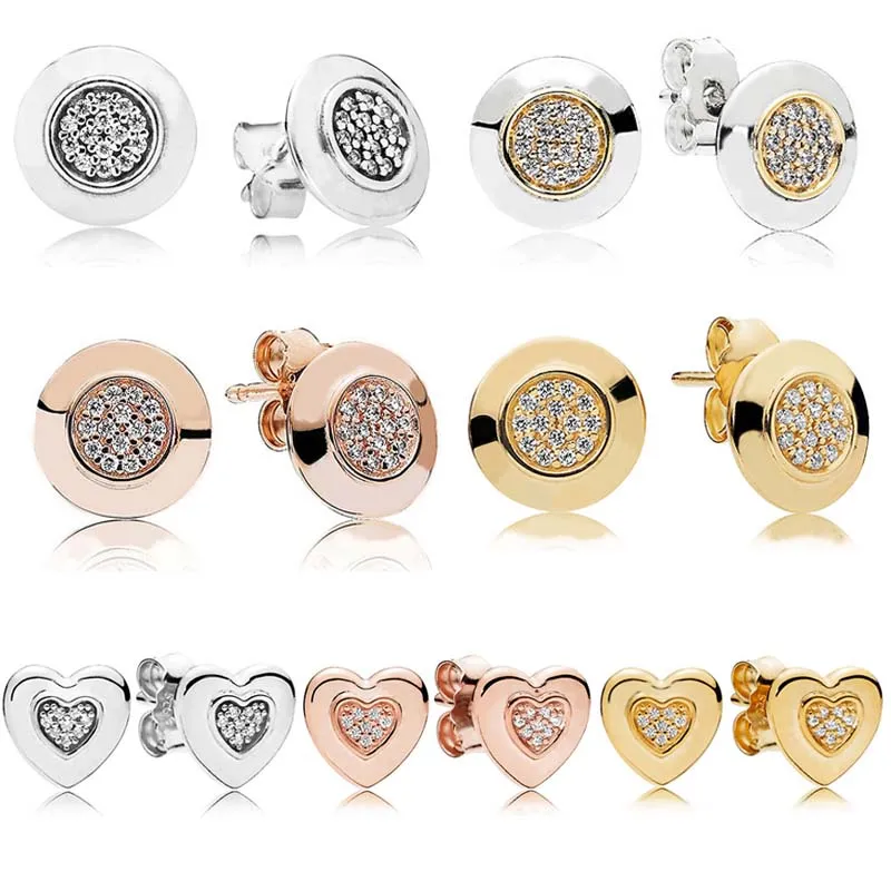 Originele Rose Pan Golden Two-Tone Signature Heart Stud Earring For Women 925 Sterling Silver Wedding Gift Fashion sieraden