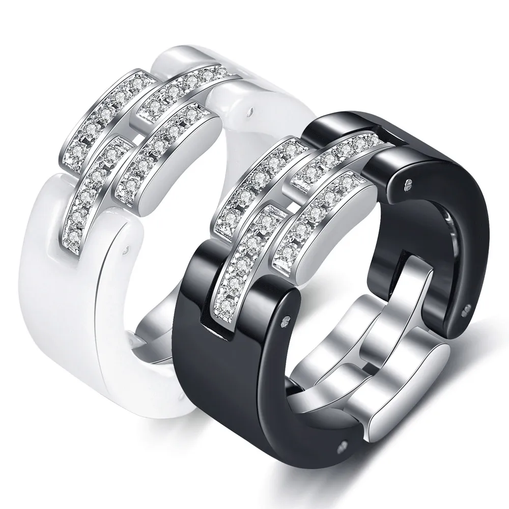 Élégant noir blanc en céramique chaîne anneau pour hommes femmes luxe en acier inoxydable cristal autrichien porcelaine anneaux mariage bijoux cadeau