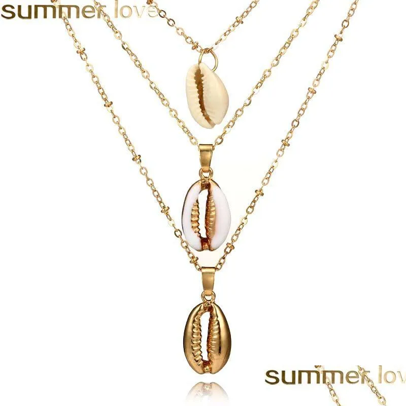 Pendant Necklaces Trendy Three Layers Shell Necklace Bohemian Natural Gold Chain For Women Friend Jewelry Gifts Drop Delivery Pendant Dhh3P