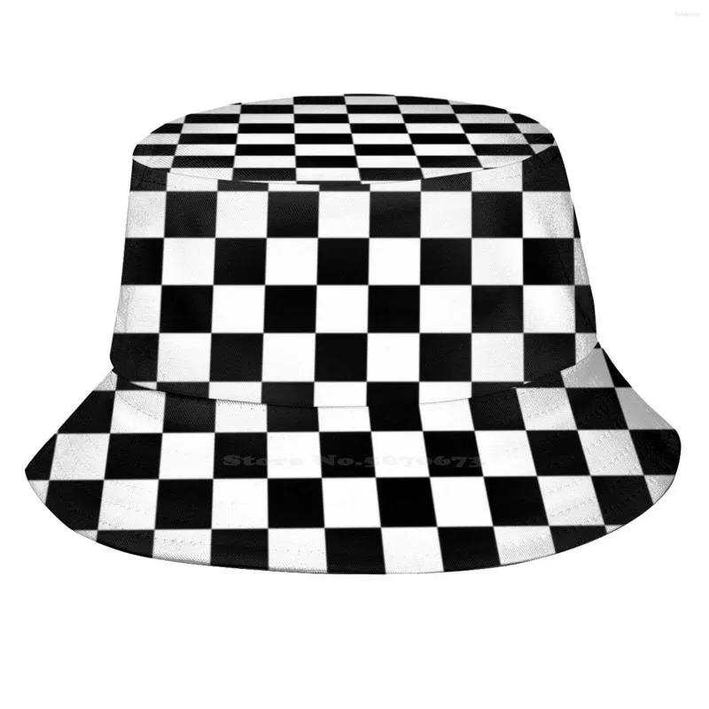 Berets Black And White Checkerboard Fisherman'S Hat Bucket Hats Caps Pattern Squares Checker Board Checkered Gray