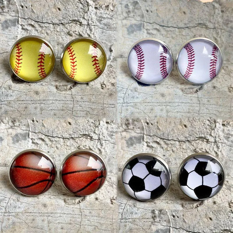 Orecchini in vetro a bottone Creativo Baseball Calcio Pallacanestro Accessori per gioielli di moda Drop Delivery Dhqad