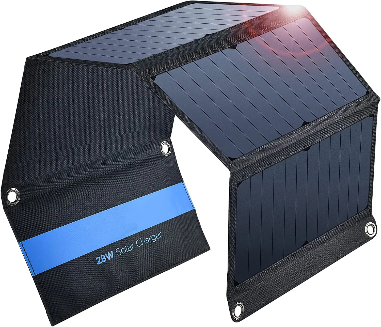 Bolsa solar dobrável de 28W, placa de carregamento portátil, à prova d'água, acampamento ao ar livre, banco de carregamento para celular (portas de saída USB duplas de 5V)