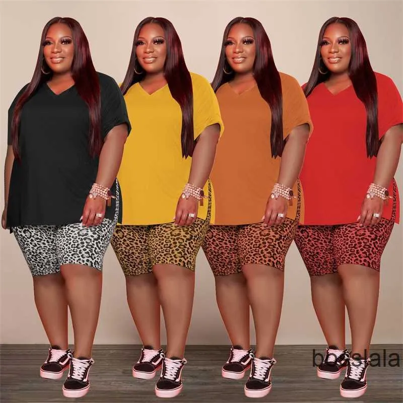 Plus Size Womens Vêtements Designer Survêtement Deux Pièces Ensemble 2023 Mode Casual Split Col En V À Manches Courtes Tee Léopard Shorts Costumes 4 Couleurs