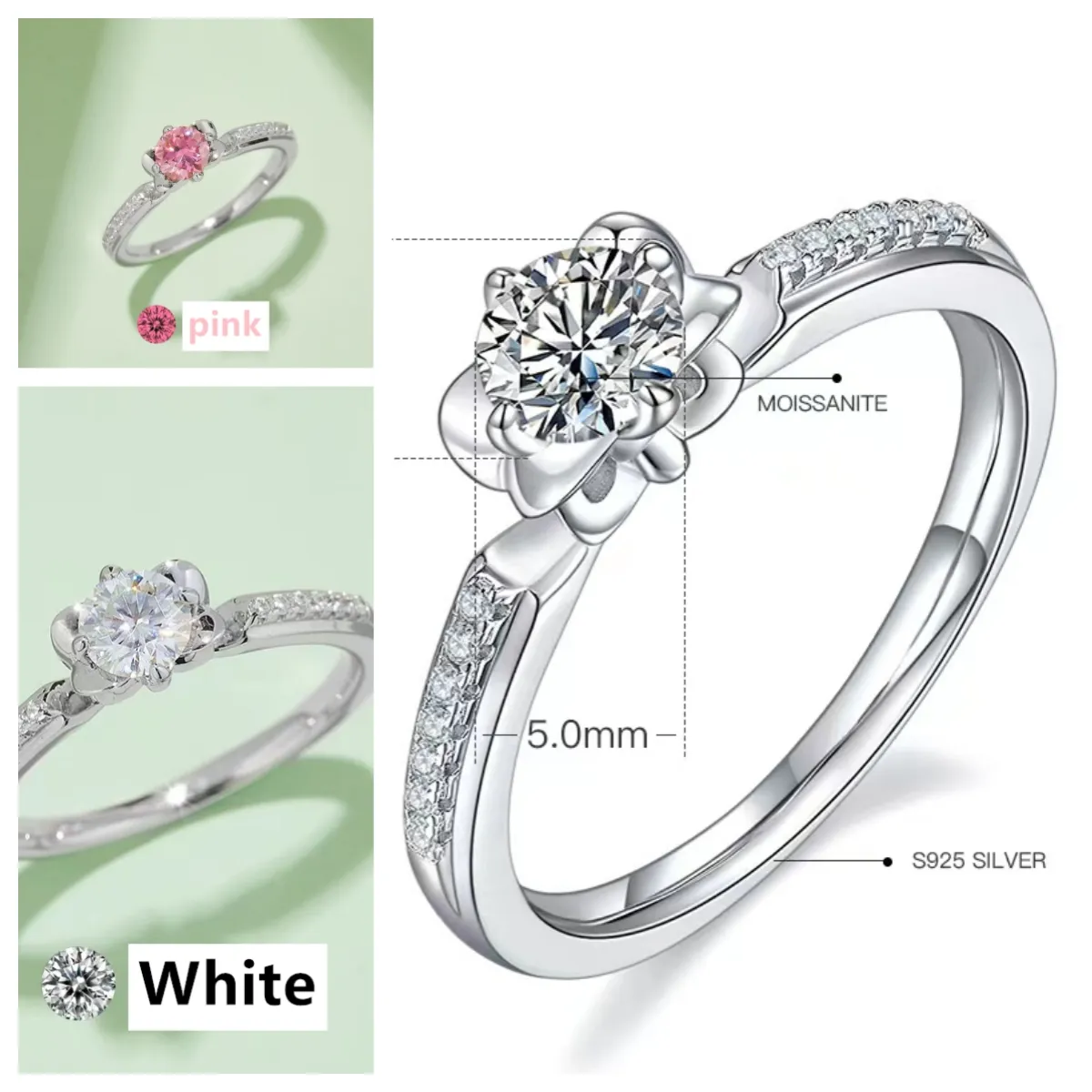 Bagues de fiançailles fleur t anneau carti bijoux desiner bague vvs moissanite rose blanc bleu diamant anneaux mariage amour bague bande or bague anneaux pour femmes M23B