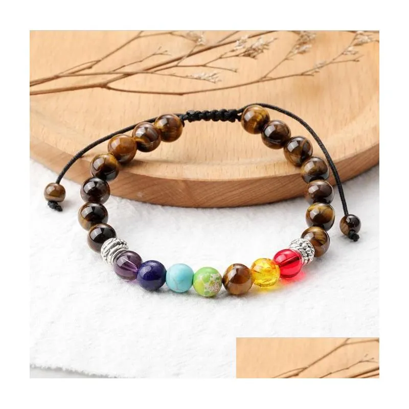 Bransoletka z koralikami 8 mm Tiger Eye Bransoletka dla mężczyzn Kobiet Regulowany rozmiar 7 Chakra Koraliki Plecione biżuteria Prezent Upuść Bransoletki Dhvgd