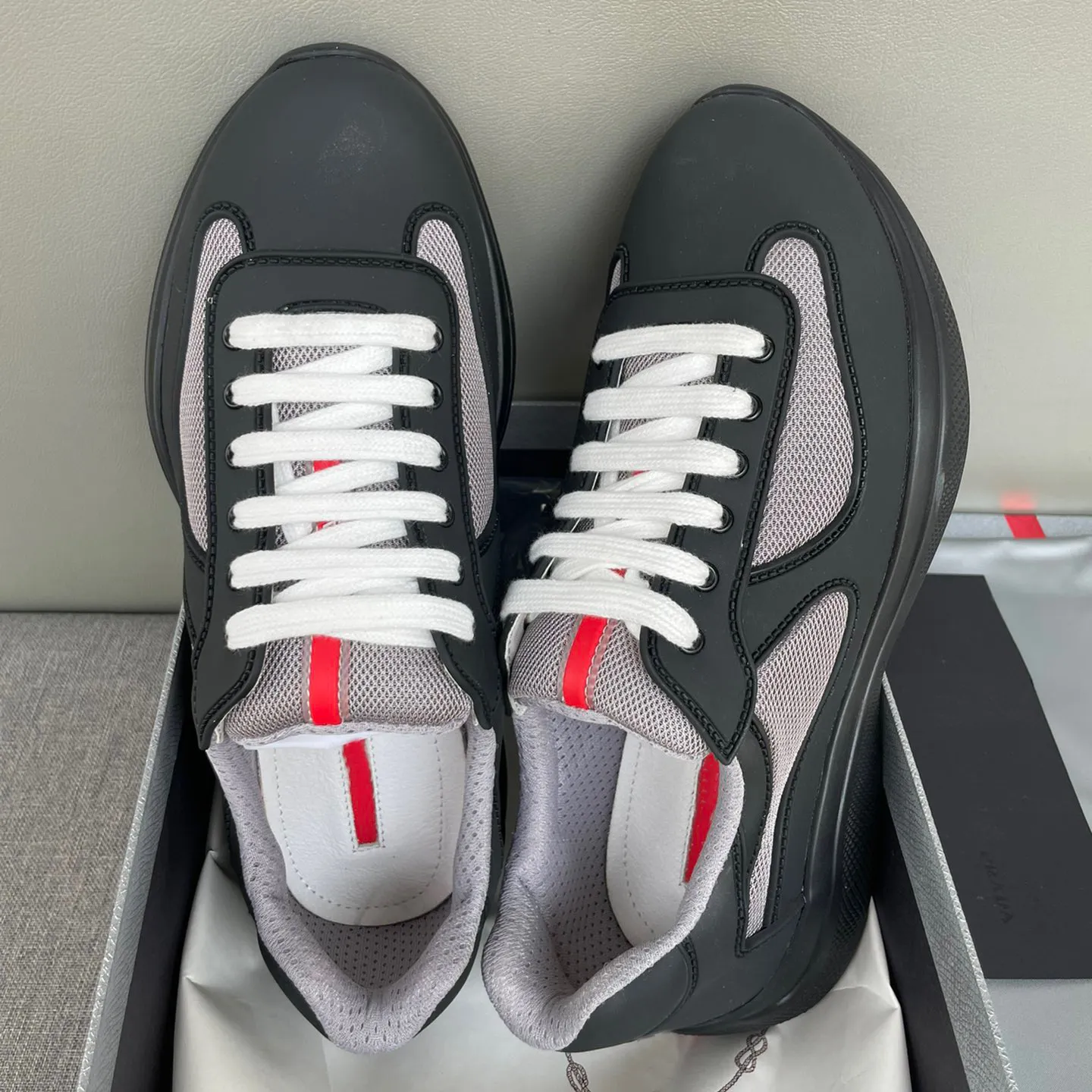 Americas Cup Heren Sneakers Schoenen Luxe Designer Ademend Mesh Zacht rubber Fietstrainers Technische stof Kalfsleer Informeel Wandelen Blauw Zwart