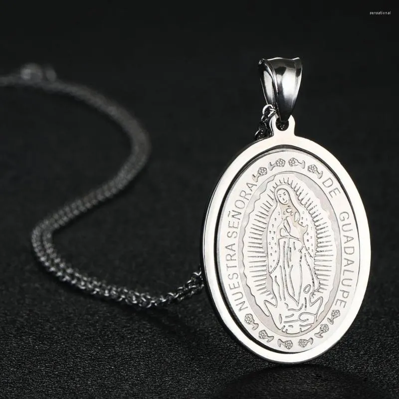 Naszyjniki wiszące Srebrny kolor stali nierdzewnej Łańcuch pszenicy Virgin Mary Oval Piece Pendants Jewelry Akcesorium NC039