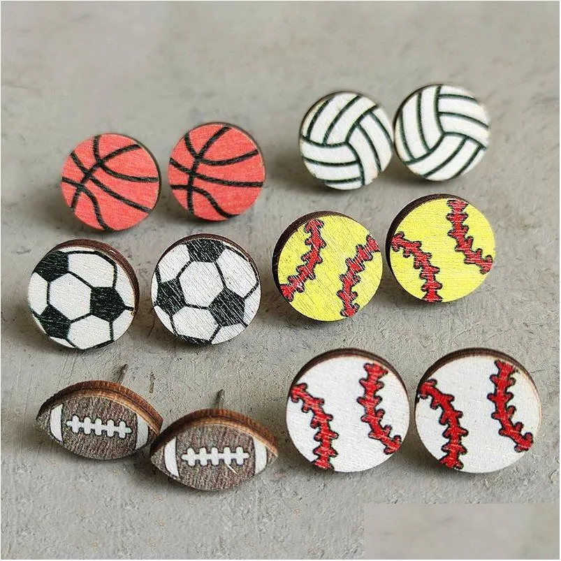 Stud Sports Baseball Earrings Creative Rugby Football Volleyball Basketball Wooden Fashion Accessories Drop Delivery Jewelry Dhaqw