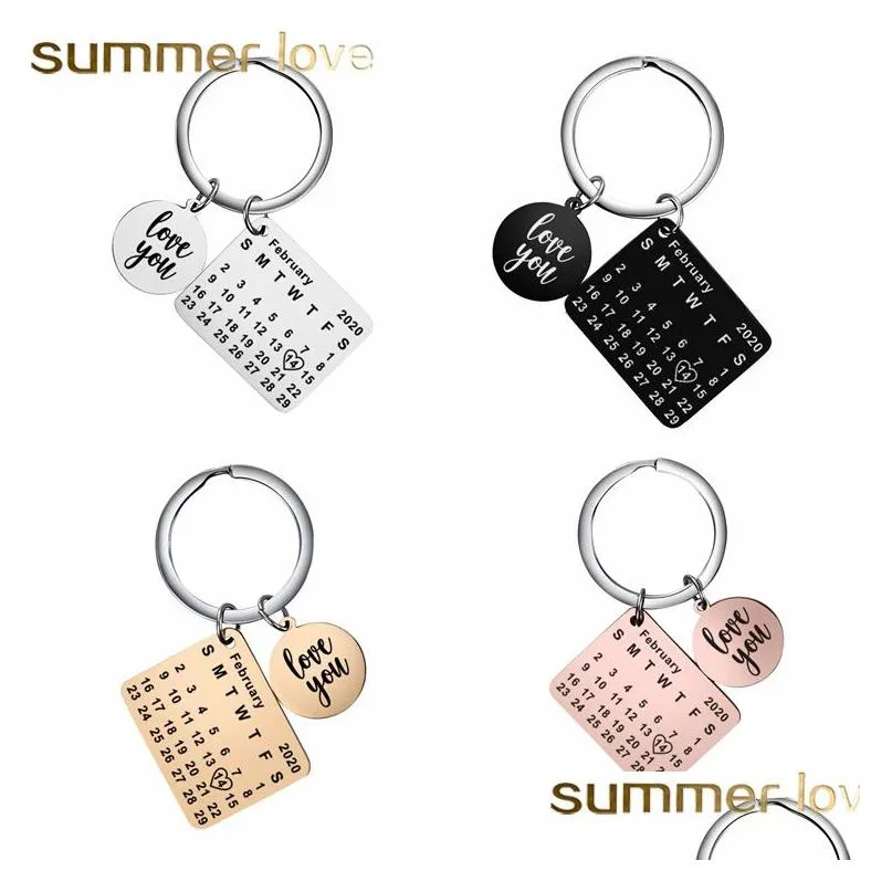 Sleutelringen Nieuwe gepersonaliseerde kalender Keychain Hand gesneden met hartdatum Kreep -roestvrijstalen Valentines Day Gift Dro Dhnkr