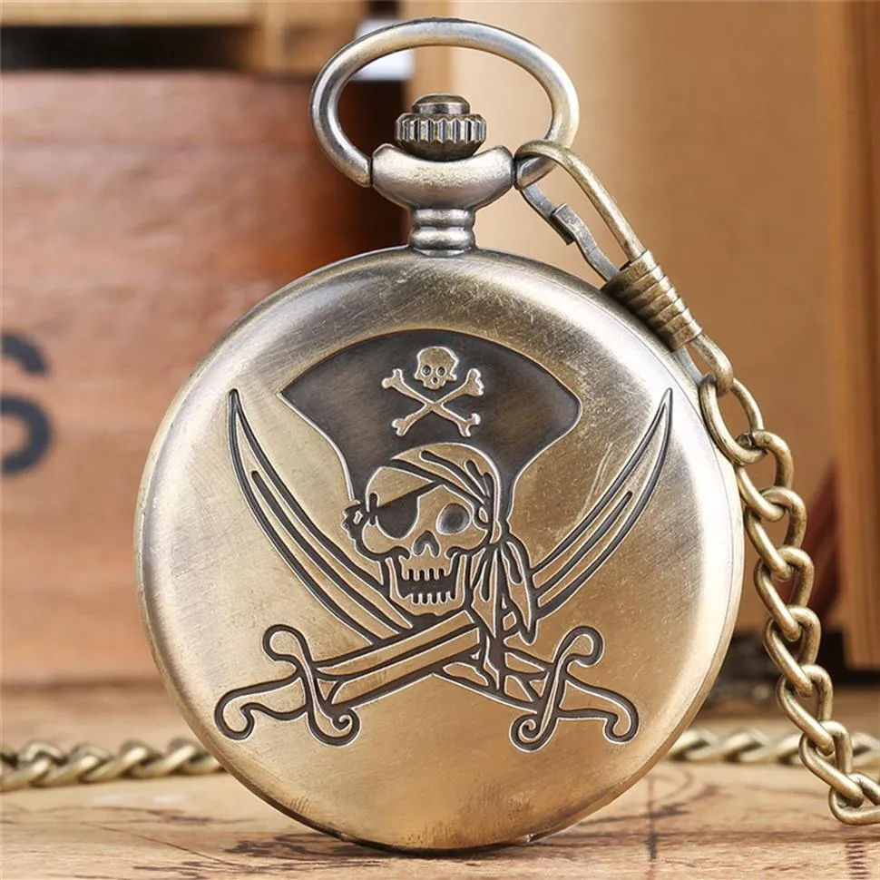 Bronze Classic Pirates of Skull Design Pocket Slowes steampunk quartzo relógio Chain Chain Gifts Men Women Kids256h