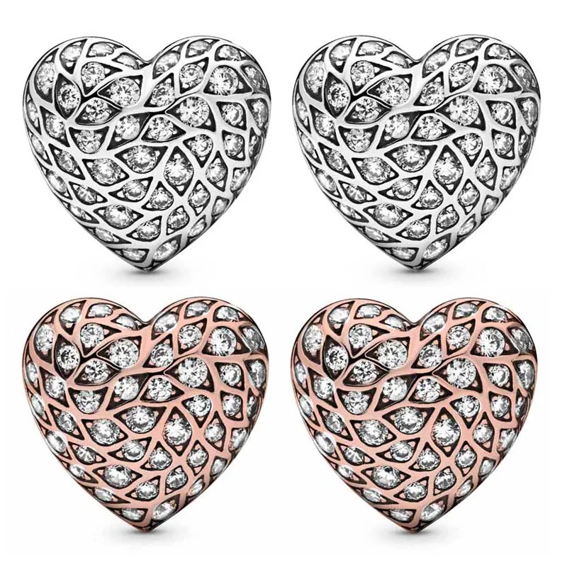 Orecchini originali in argento sterling 925 Orecchini a forma di cuore con motivo scintillante in oro rosa per gioielli da donna in Europa, regalo di nozze di compleanno