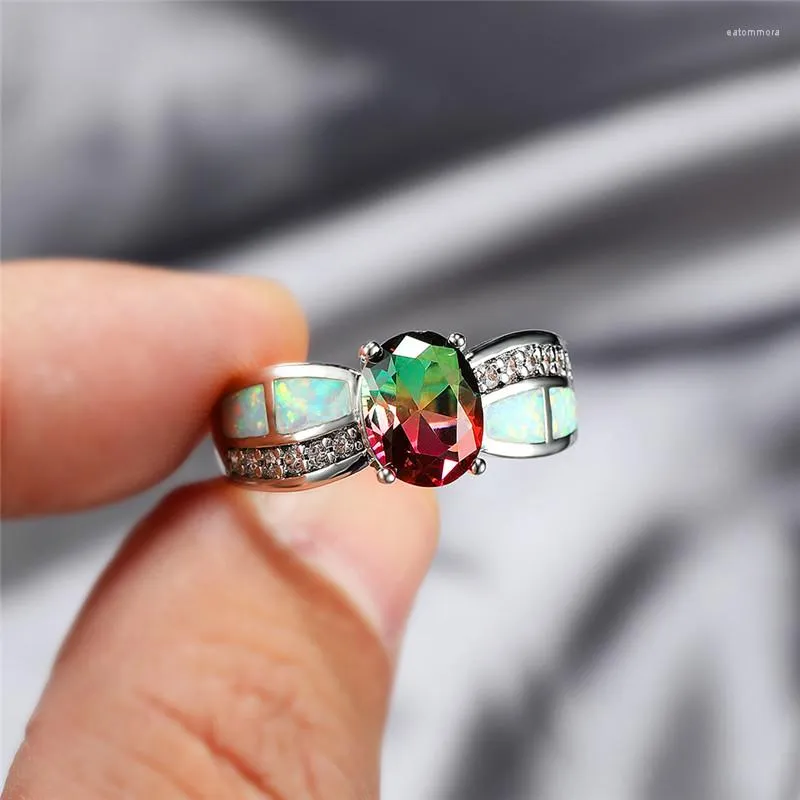 Wedding Rings Boho Female White Fire Opal Ring Silver Color Red Green Oval Promise Love Engagement For Women