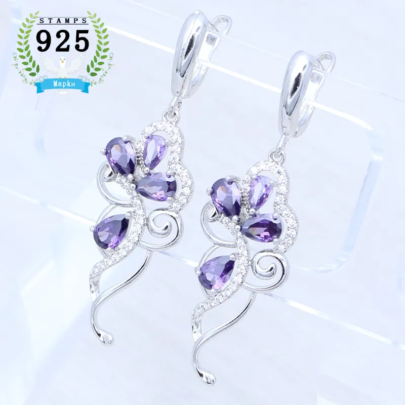 Amethyst-Ohrringe, Pflanzenblumenform, 925er-Sterlingsilber, eleganter Schmuck für Mädchen, Verlobung