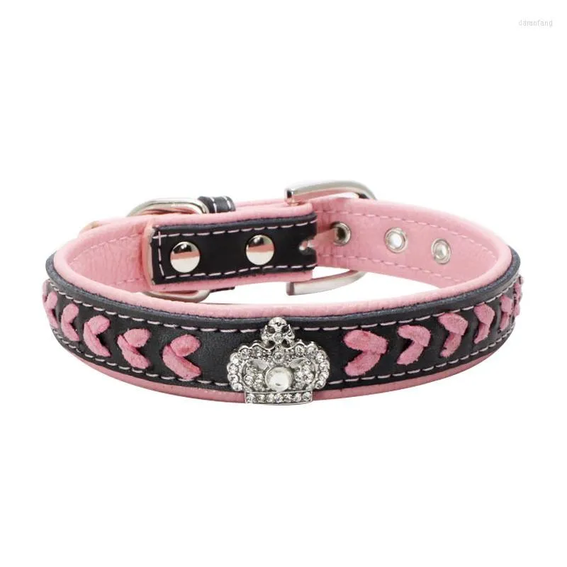 Halsbanden Dubbellaags Echt Lederen Halsband Strass Kroon Pet Lead Verstelbare Ketting Voor Puppy Honden S-XL