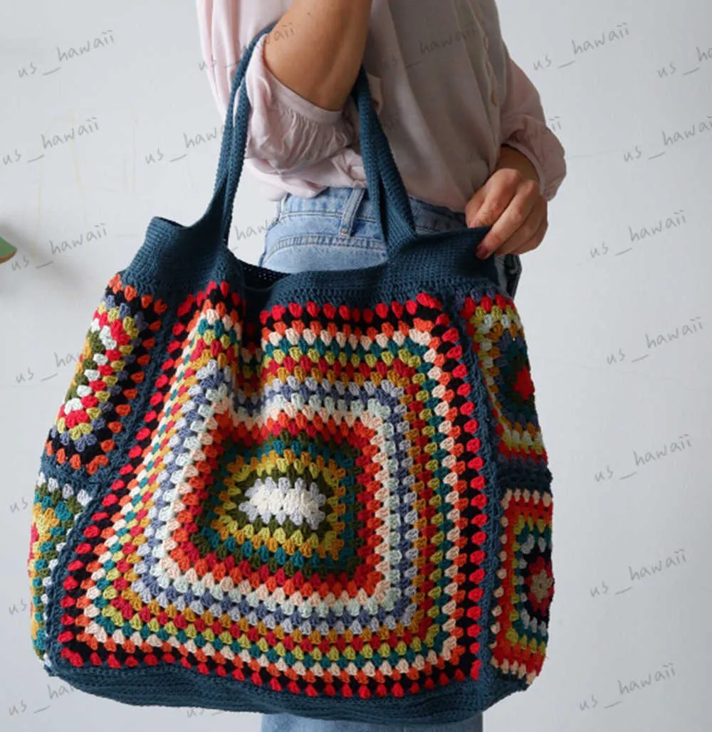 Sacs de soirée Coloré het Boho Chic Granny Square Gran Tote Sac à main Beige Bleu Sac à bandoulière Vintage Style Hippie Summer Beach Bag T230526