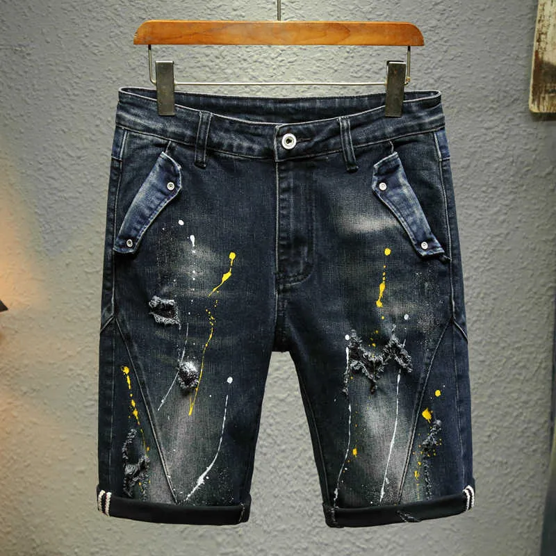 Streetwear élastique denim Shorts été mode peinture Vintage hommes Patch travail Hip Hop vélo jean Mini Bermudes P230525