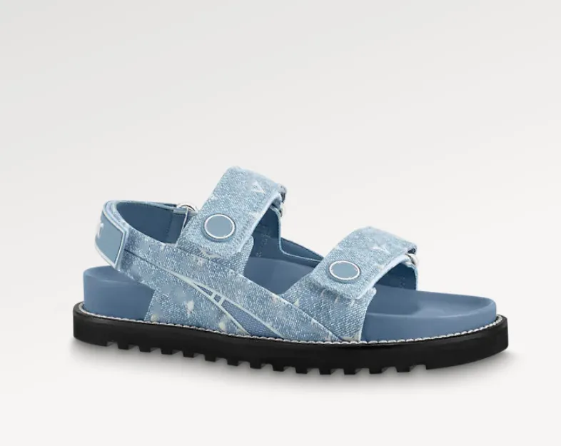 2023 Designer Womans Paseo Flat Comfort Sandaler dam lyx Somrig läder denim Justerbar Beach Sandal tofflor glider Storlek US4-11