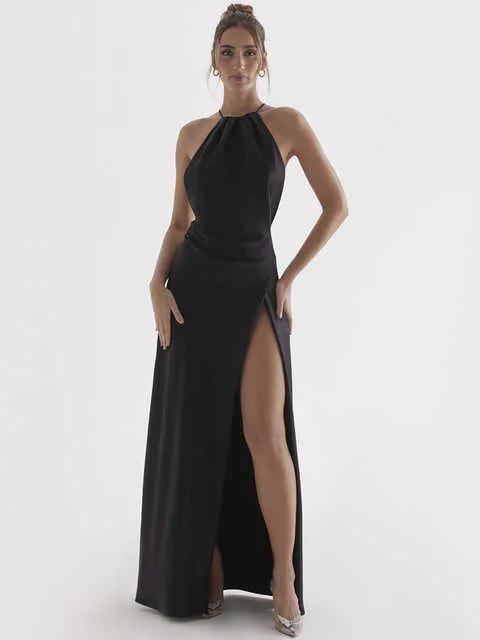 White Satin Long Black Halter Dress With Double Layered Thigh Split And Backless Design Perfect For Weddings Parties And Going Out From Julia dress 23.85 DHgate.Com