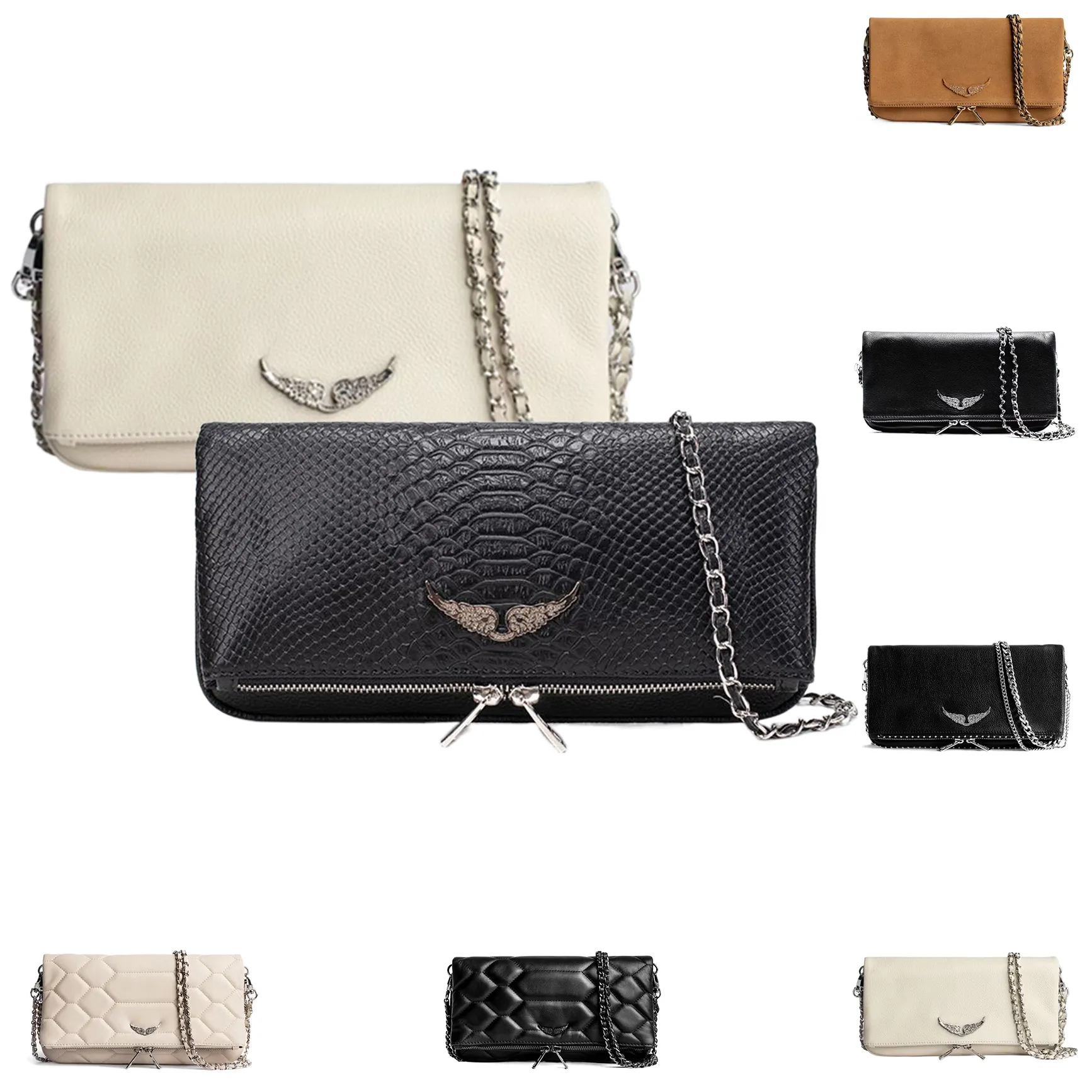Kadın Pochette Rock Swing Swing kanatları zadig voltaire çanta erkek cüzdan tote çanta omuz tasarımcısı zarf çantası orijinal deri de debriyaj flip çapraz vücut çantaları