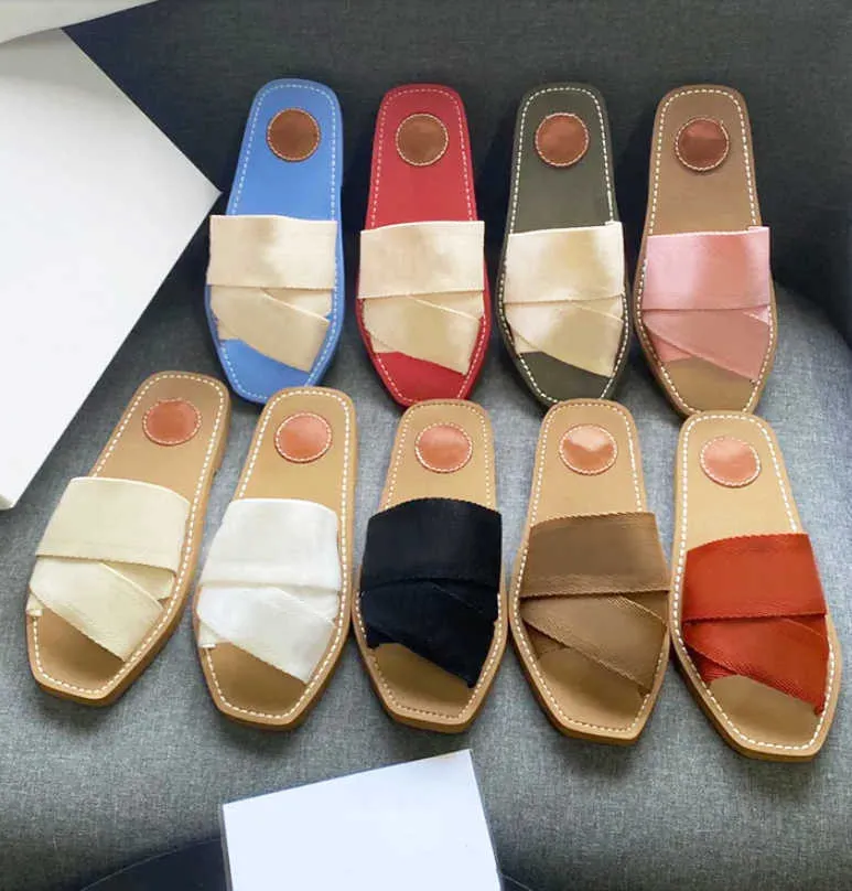 Women Woody Flat Mule Designer Sandals Canvas Slippers Calfskin Sandals Rubber Bottom Summer Beach Shoes Letters Flip Flops With Box NO290