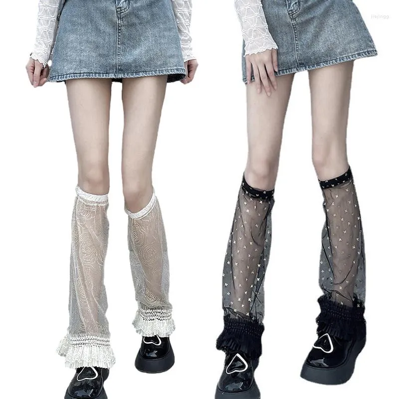 Women Socks Goth Bronzing Thin Fashion Design Ruffle Hem Calf Boot Cover Sexy Black Transparent Knee Foot Covers