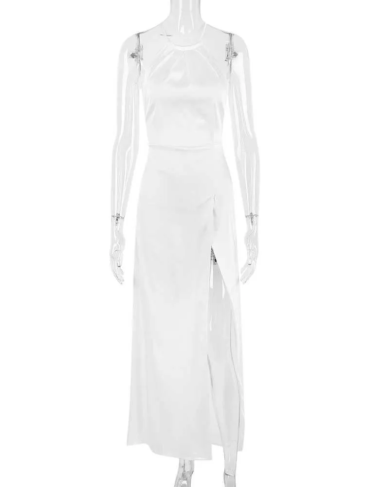 Elegant White Satin Maxi Dress with Double Layered Thigh Split and Backless Style