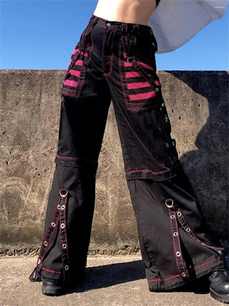 Damenhose Punk Emo Wide Leg Chain Damen E Girl Cargo Jeans Cyber Y2K Schnalle Dark Indie Academic 90s Bandage Baggy Hose BF